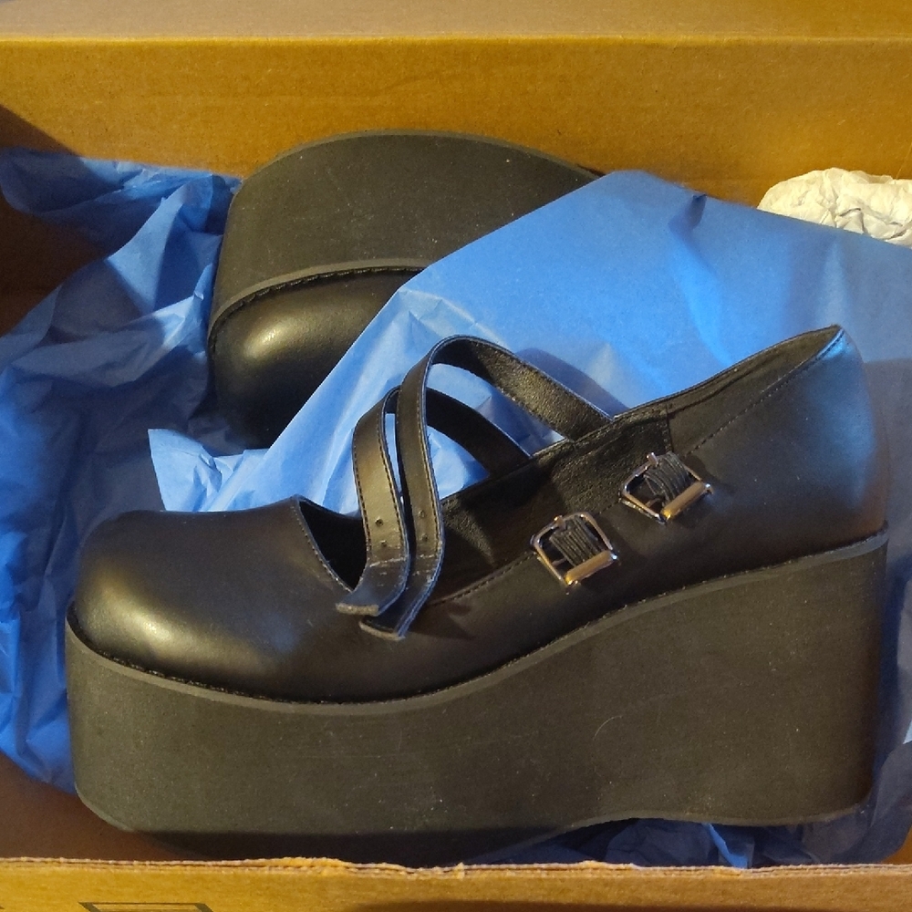 Black Platform Mary Jane Shoes with Ankle Strap